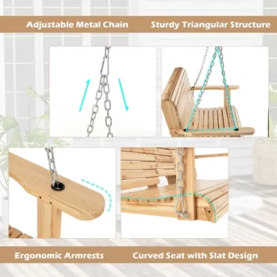 Costway 2-seat Wood Swing Bench with Folding Cup Holder and Sturdy Metal Hanging Chains image {8}