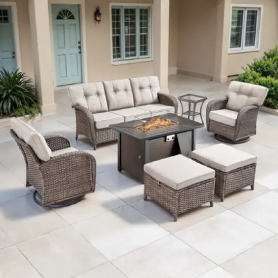 Belord Outdoor Wicker Patio Furniture Set with 43" Propane Fire Pit Table, Swivel Patio Chairs Set with Sofa Couch, Fire Pit Table and Ottoman image {2}