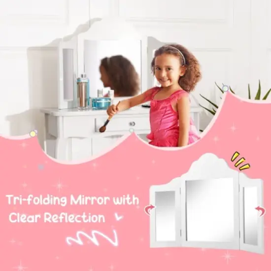 Costway Kid Vanity Table Set with Tri-folding Mirror 2-in-1 Makeup Dressing Table Stool Set image {7}