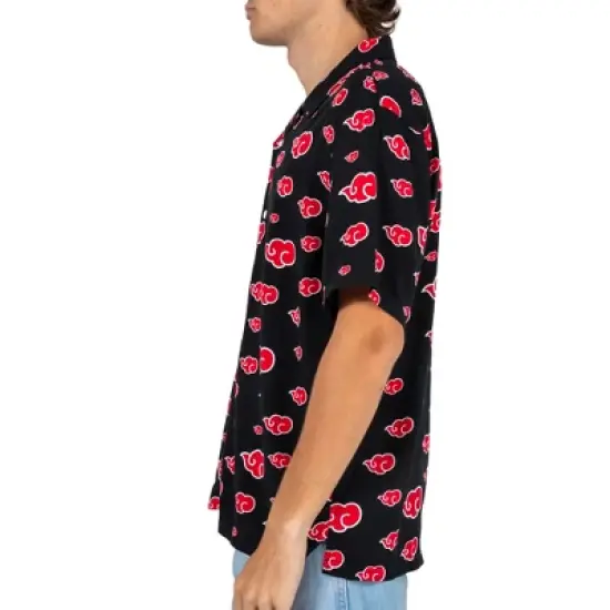 Naruto Shippuden Akatsuki Cloud Pattern Short Sleeve Button Down Men's Black Woven Top image {1}