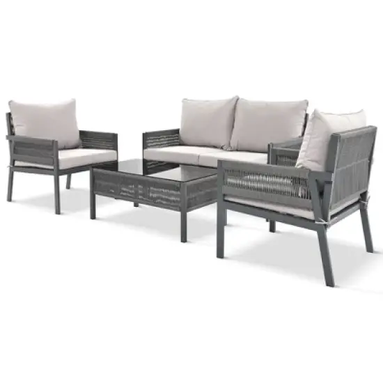 FIONECA 4-Piece Grey Rope Patio Furniture Set with Tempered Glass Table and Cushions &uml;C Outdoor Conversation Set for Backyard, Porch, Balcony image {9}