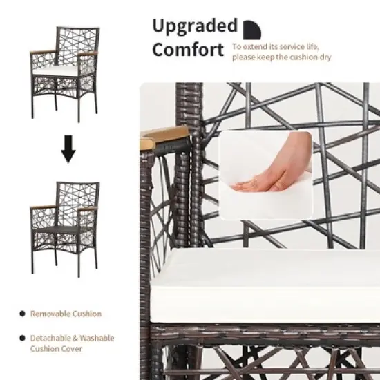 Costway 4pcs PE Wicker Patio Bistro Chairs Acacia Wood Armrests w/ Cushions Outdoor image {6}