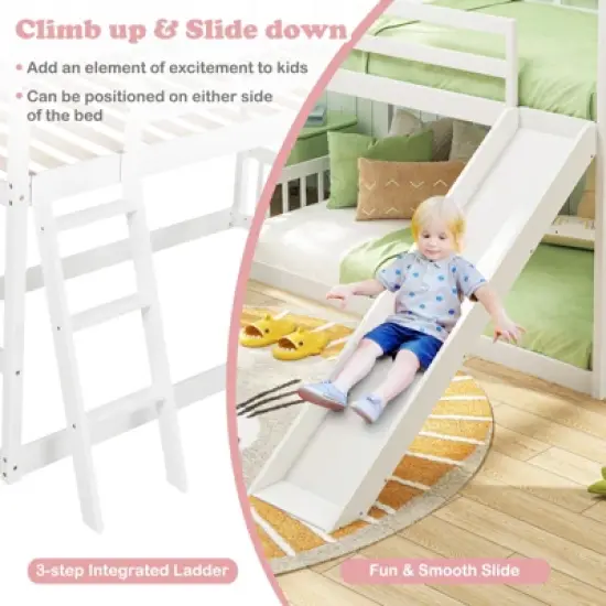 Tangkula Twin Over Twin House Bunk Bed w/ Slide Solid Wood Low Bunk Bed for Kids White image {6}