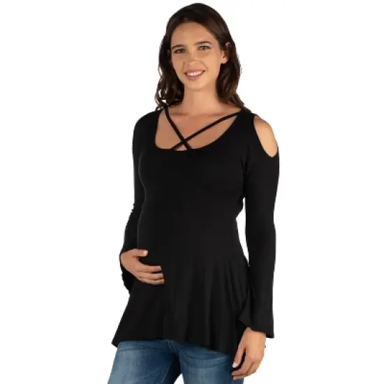 24seven Comfort Apparel Long Sleeve Maternity Criss Cross Cold Shoulder Top image {1}