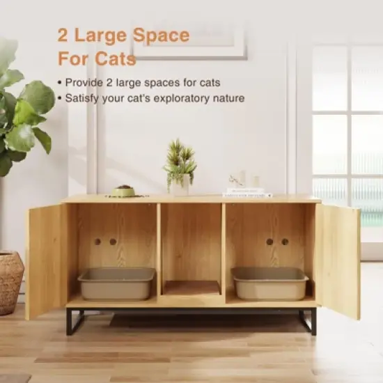 Double Room Large Cat Cabinet, Litter Box Furniture Hidden with Scratch Pad, Natural image {3}