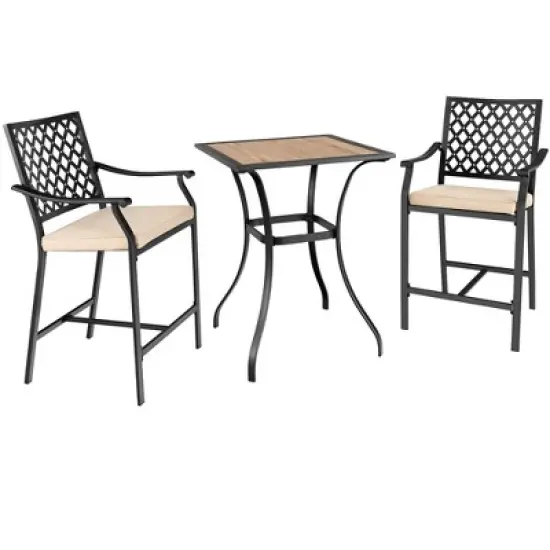 Costway 3 PCS Patio Bar Stool Square Table Bistro Set Cushioned Chairs Armrest image {7}
