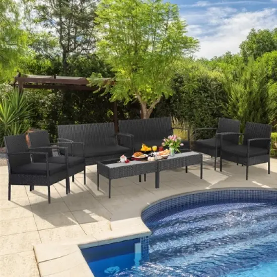 Costway 8 PCS Patio Rattan Furniture Set Cushioned Sofa Armrest Garden Black image {9}