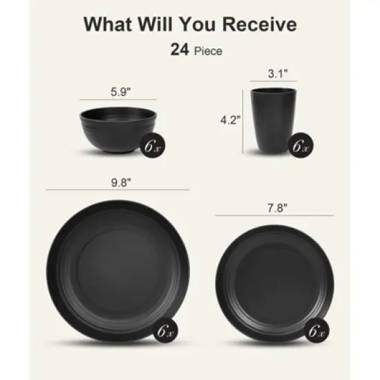 Itopfox 24-Piece Dinnerware Set for 6, Unbreakable Wheat Straw Plates & Bowls, Dishwasher & Microwave Safe, RV, Beach House & Daily Use, Black image {1}