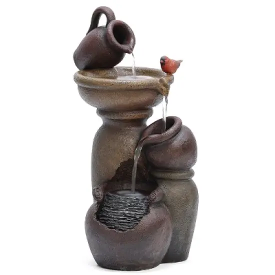 LuxenHome Rustic Brown Resin Pitcher and Urns Birdbath Bowl Outdoor Fountain image {3}
