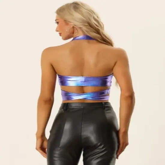 Allegra K Metallic Halter Neck Top for Women's Deep V Neck Backless Holographic Crop Tops image {2}