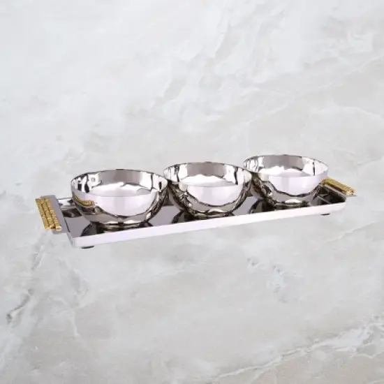 Classic Touch 3 Bowl Relish Dish w Rectangle Tray and Mosaic Handles image {1}