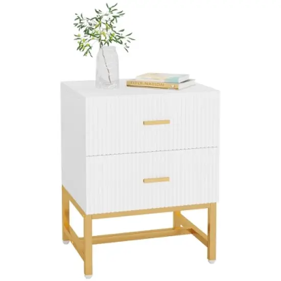 Resenkos 2-Drawer Nightstand, Large White Gold Bed Side Table, Modern Wide End Table Table for Living Room, Wood Metal Tall Night Stands image {5}
