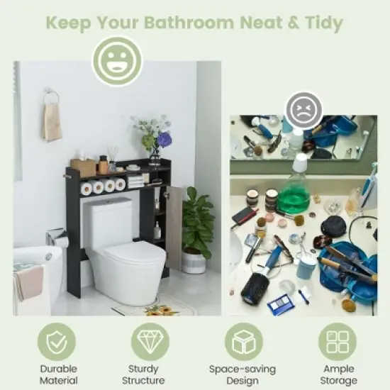 Costway Over the Toilet Bathroom Cabinet Floor Storage Organizer with Adjustable Shelves Black/White image {4}