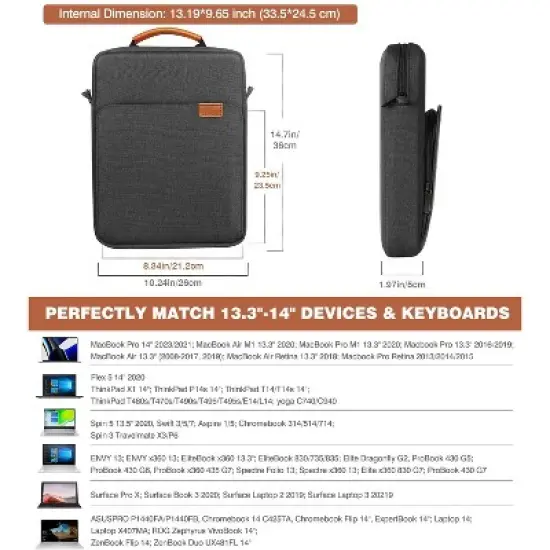 13.3-14 Inch Laptop Sleeve Bag ,Handle Carrying Case with Shoulder Strap, Black & Gray image {8}