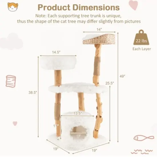 Tangkula 49" Tall Wooden Cat Tree Solid Wood Cat Tower with Jute Scratching Posts image {8}