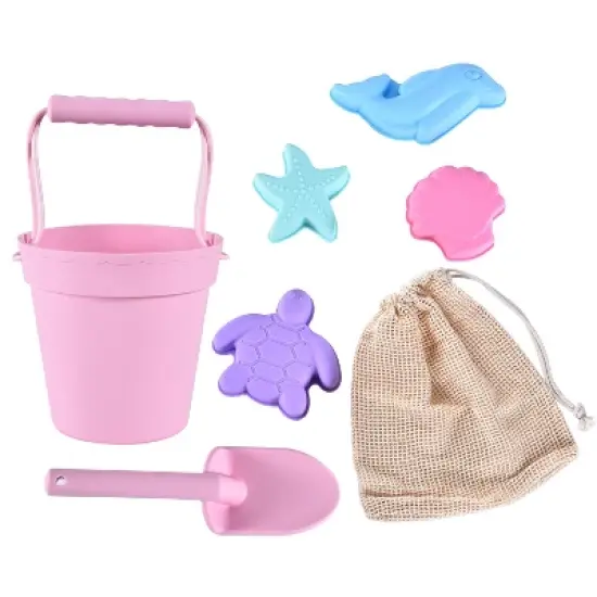 Link Ready! Set! Play! Silicone Beach & Pool Toy 7pc Set For Travel Easy To Clean Bucket Shovel 4 Sands Molds For Toddlers & Babies Carry Bag Included image {6}