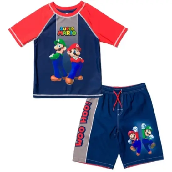 SUPER MARIO Nintendo Luigi Mario Rash Guard and Swim Trunks Outfit Set Little Kid to Big Kid image {7}