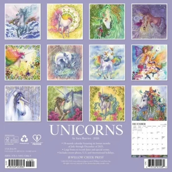 Willow Creek Press 12"x12" 2026 Unicorns by Sara Burrier Wall Calendar image {1}