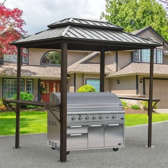 8'x6' Grill Gazebo Hardtop, Aluminum BBQ Gazebo with Double Galvanized Roof & Side Shelves, Outdoor Hardtop Gazebo for Patio Lawn Garden Deck image {1}