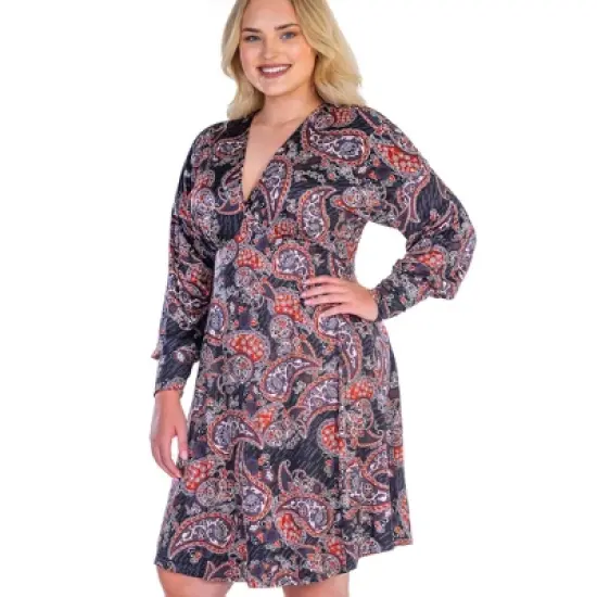 Womens Plus Size Grey Paisley Dolman Long Sleeve Cocktail Dress image {3}