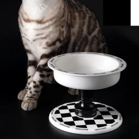 FairyLand&trade; - Elevated Ceramic Pet Bowl &ndash; Black & White Chess Design, Anti-Slip, Ergonomic Raised Feeder (6.9" Wide, 5.2" Tall) image {1}