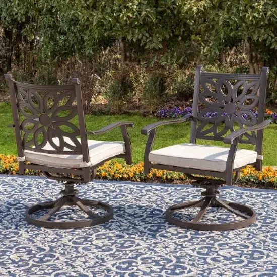 2pk Outdoor Extra Wide Cast Aluminum Swivel Chairs with Cushions - Captiva Designs image {3}