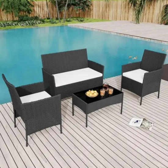 4-Piece All-Weather Patio Set - UV-Resistant PE Rattan & Rust-Proof Iron, Ergonomic Chairs, Tempered Glass Table for Indoor/Outdoor image {2}