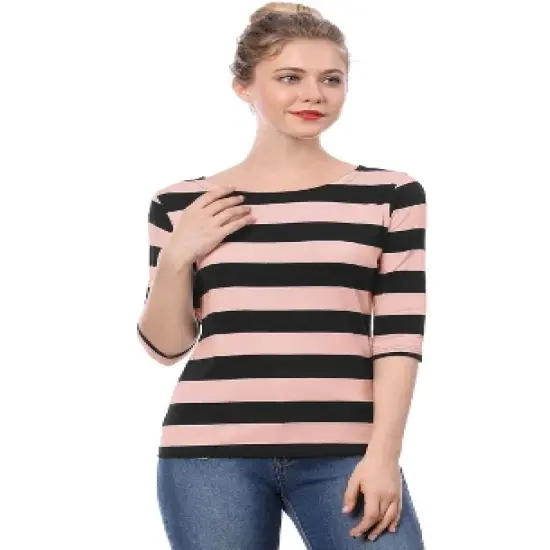 Allegra K Women's Elbow Sleeves Casual Basic Boat Neck Slim Fit T-Shirts image {21}