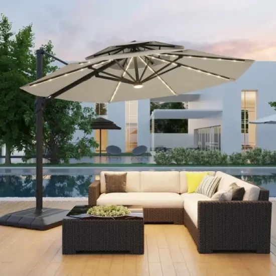 Sonkuki Outdoor 11Ft Aluminum LED Cantilever Patio Umbrella with Base for Patio Deck Garden image {17}