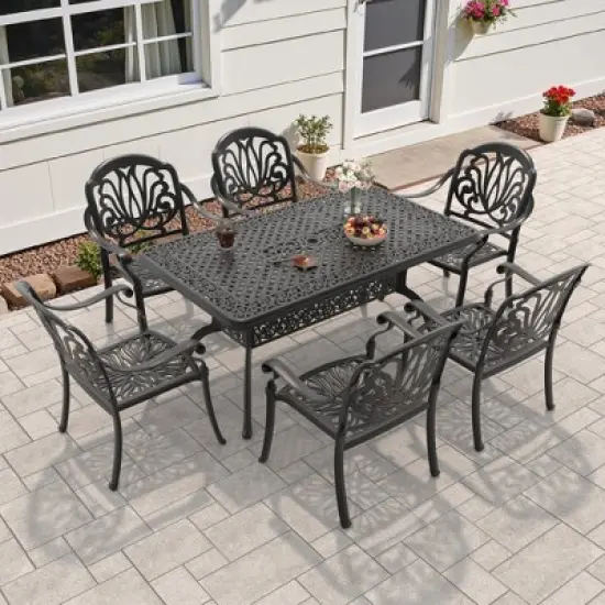 7-Piece Cast Aluminum Outdoor Dining Set: Rectangle Table, Stackable Chairs & Brown Cushions - All-Weather Patio Furniture for Your Backyard image {1}