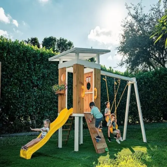 Avenlur Outdoor Swing Set: Clubhouse, slide, rock climbing wall, 2 swings, and more! Perfect for toddlers and kids ages 3-11 image {1}