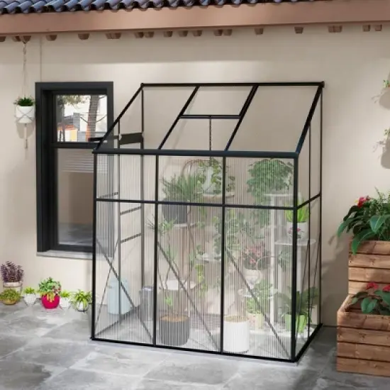 Outsunny Lean-to Polycarbonate Greenhouse with Sliding Door, Roof Vent, Rain Gutter, Walk-in Aluminum Hot House, Black image {1}
