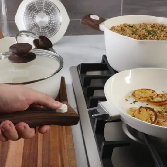 Oster SmartHandle Advance 18-Piece Ceramic Nonstick Cookware Set &ndash; Detachable Handles, with Utensils & Pan Protectors - Linen image {3}