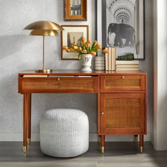 Allen Desk with Faux Rattan Front Accents Walnut - angelo:HOME image {4}