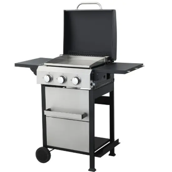 3-Burner Propane Gas Grill with Stainless Steel Plancha, Wire Enamel Grids, Foldable Side Table, Hanging Basket, Pull-Out Oil Pan, 36,900 BTU BBQ image {7}