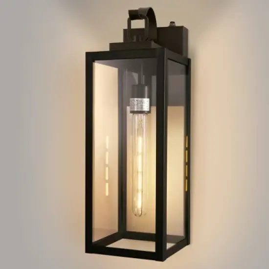 DORESshop 18 in. 2-Pack Large Black Dusk to Dawn Outdoor Waterproof Lantern Wall Lights with Clear Glass Shade T30 Bulbs Included image {6}