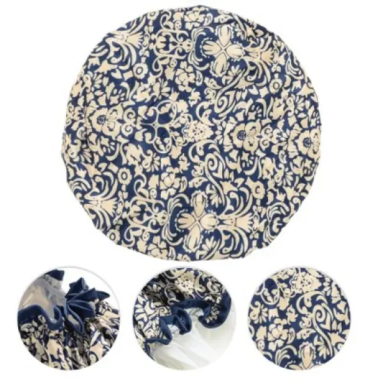Unique Bargains Women Double Layer Flowers Shower Cap Navy Blue 1 Pc image {2}