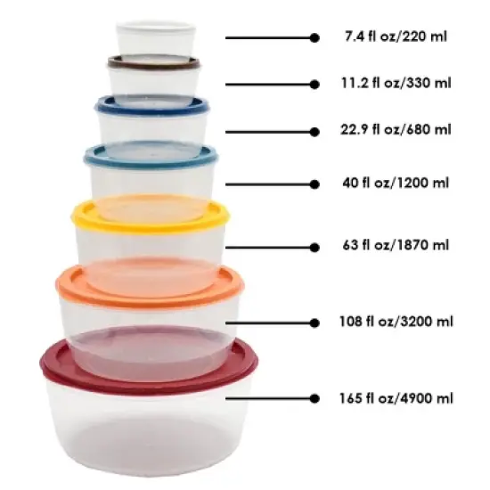 SharpChef 14pc Round Plastic Food Storage Container Set, Stackable, Nesting, Airtight Leak-proof Lids, Microwavable, 7 Colors image {3}