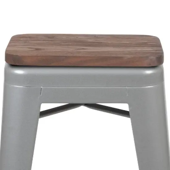 Merrick Lane 24 Inch Tall Stackable Metal Bar Counter Stool With Textured Elm Wood Seat In Set Of 4 image {11}
