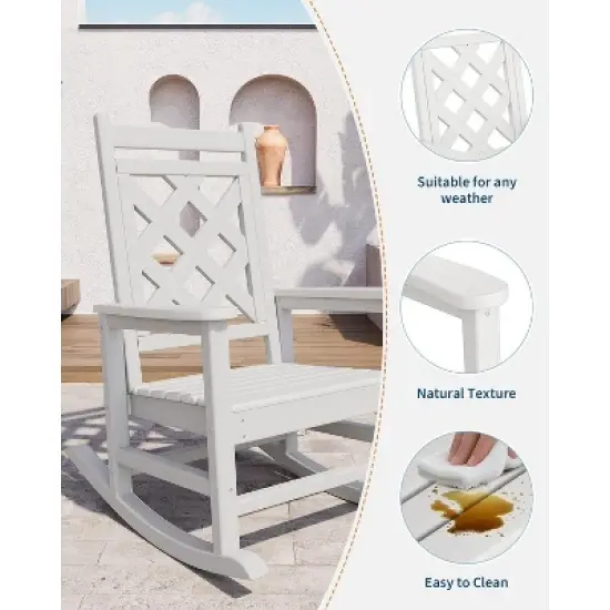 Outdoor Adirondack Rocking Chair, All Weather HDPE Fire Pit Chair with Wide Back, 380LB Weight Capacity Outdoor Lounger Rocking Fire Pit Chair White image {3}
