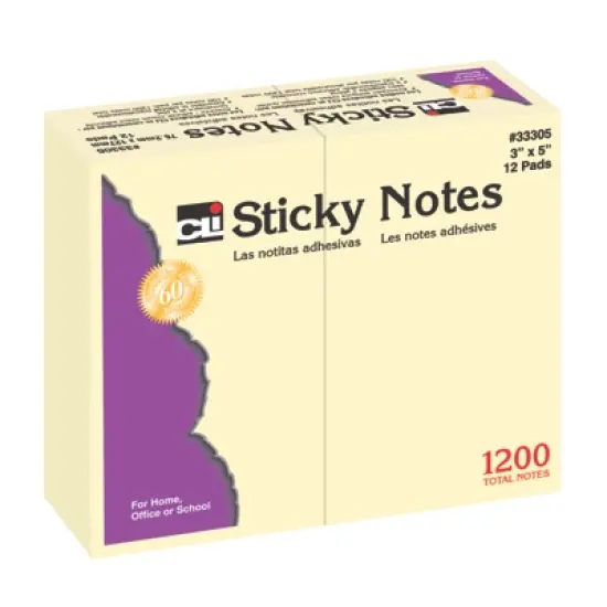 Charles Leonard Sticky Notes, 3" x 5", Plain, Yellow, 12 Pads image {1}