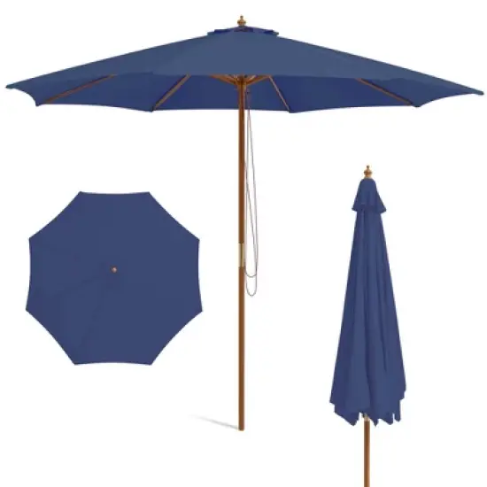 Costway 10FT Patio Wooden Market Table Umbrella Pulley with 8 Bamboo Ribs Sunshade Canopy Coffee/Gray/Navy/Wine/Beige image {13}