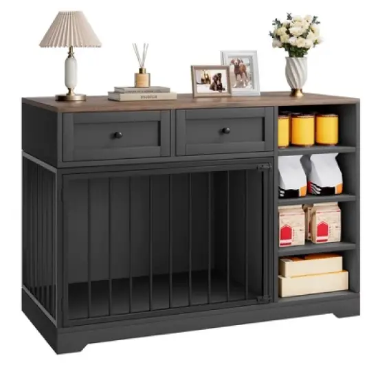 Dog Crate Furniture 47", Large Dog Crate with 2 Drawers and 4 Shelves, Wooden Heavy Duty Dog Crate, Decorative Dog Indoor Kennel Furniture Indoor image {2}