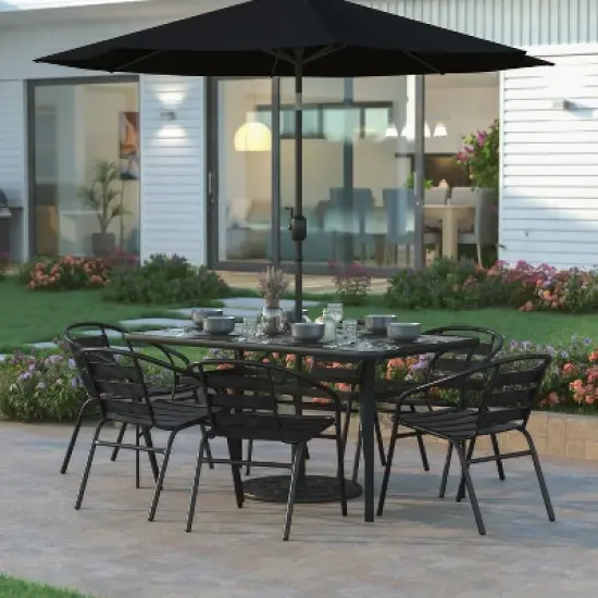 Emma and Oliver 7-Piece Patio Dining Table and Chairs Set with 60" Tempered Glass Top Table, 6 Stack Triple Slat Chairs in Black image {1}