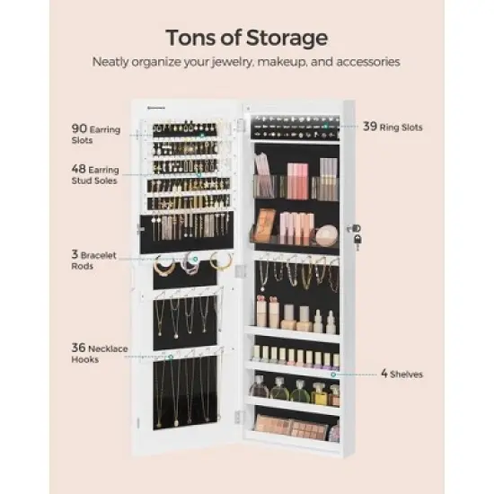 SONGMICS Mirror Jewelry Cabinet Armoire, Wall or Door Mounted Jewelry Storage Organizer, Hanging Lockable Frameless Mirror Cabinet, White image {3}