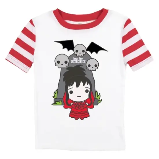 Beetlejuice Lydia And Gravestone With Skulls Youth Red and White Striped Sleep Set image {1}
