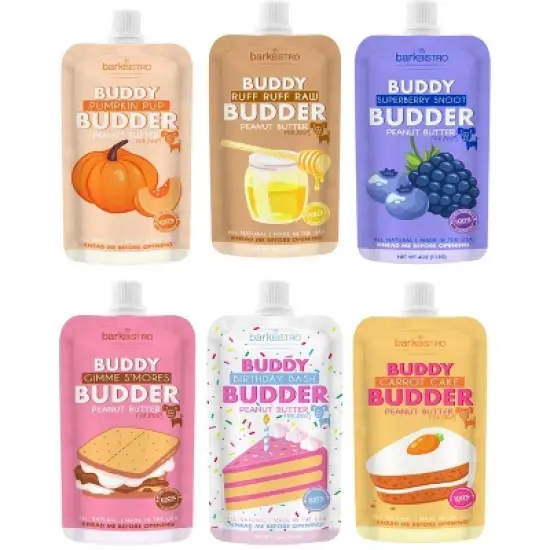 6 pack Mixed Flavor Squeeze Pack Buddy Budder (4oz) image {1}