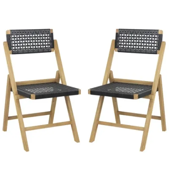 Costway 2/4 Piece Patio Folding Chairs with Woven Rope Seat & High Back Indonesia Teak Wood for Porch Natural&Black image {9}