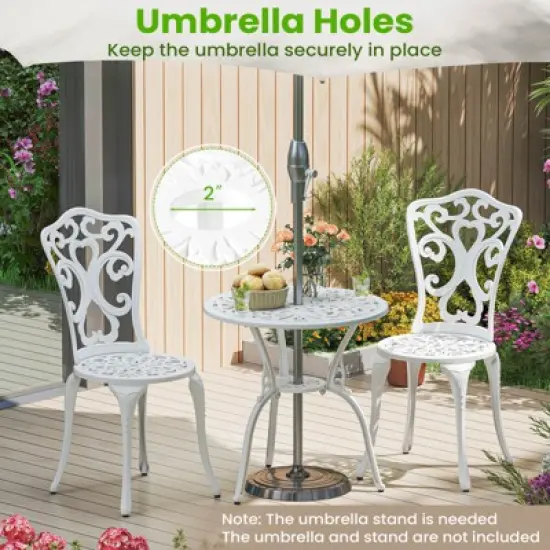 Costway 3 PCS Patio Bistro Set with Umbrella Holes Outdoor Bistro Set for Front Porch White/Green image {6}