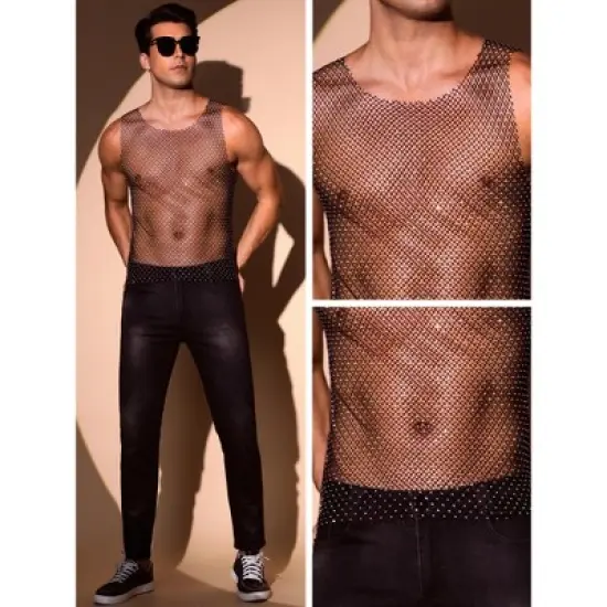 INSPIRE CHIC Men's Shiny Mesh Rave Sheer Sleeveless Metallic Sparkly Tank Top image {4}